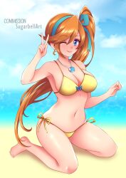 1girl ;) absurdres ace_attorney athena_cykes bare_shoulders beach bikini blue_eyes blue_ribbon breasts cleavage closed_mouth commentary commission crescent crescent_earrings earrings english_commentary hair_ribbon highres jewelry long_hair looking_at_viewer navel necklace one_eye_closed orange_hair ribbon side_ponytail single_earring sitting smile solo sugarbell swimsuit very_long_hair wariza yellow_bikini