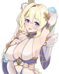Rule 34 | 1girl, :d, arm up, armpits, bare shoulders, blonde hair, blush, braid, breasts, clothing cutout, commentary request, covered erect nipples, detached sleeves, feathered wings, flower, hair flower, hair ornament, hand on own chest, haruka1638, highres, large breasts, long hair, looking at viewer, lyrael (princess connect!), navel, navel cutout, open mouth, presenting armpit, princess connect!, purple eyes, smile, solo, sweat, white background, wings, wrist cuffs