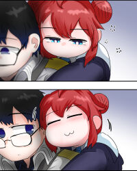 Rule 34 | 1boy, 1girl, 2koma, :3, ahoge, black eyes, black hair, blue archive, blue eyes, c/h, carrying, cheek-to-cheek, comic, commentary, double bun, english commentary, glasses, hair between eyes, hair bun, halo, heads together, korean commentary, long sleeves, looking at another, maki (blue archive), medium hair, mixed-language commentary, piggyback, problem solver sensei (blue archive), red hair, school uniform, sensei (blue archive), sidelocks, silent comic, squeans, waking up