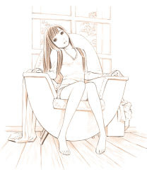 Rule 34 | 1girl, barefoot, chair, dress, monochrome, original, sketch, solo, traditional media, yoshitomi akihito
