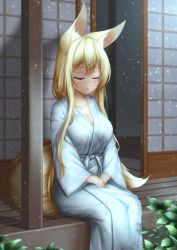 Rule 34 | 1girl, :o, animal ear fluff, animal ears, blue kimono, blush, breasts, cleavage, collarbone, commentary request, eyebrows hidden by hair, closed eyes, fox ears, fox girl, fox tail, hands on lap, highres, himeka chiyako, japanese clothes, kimono, long sleeves, medium breasts, minaha (playjoe2005), open door, original, outdoors, own hands together, parted lips, sitting, sliding doors, solo, tail, veranda, wide sleeves