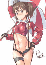 Rule 34 | 10s, 1girl, breasts, brown eyes, brown hair, cowboy shot, covered erect nipples, fingerless gloves, gloves, highres, kantai collection, midriff, race queen, ryuujou (kancolle), short hair, short shorts, shorts, sketch, small breasts, solo, spirytus tarou, twintails, umbrella