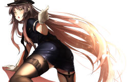 Rule 34 | &gt;:o, 1girl, :o, all fours, ass, black footwear, black hair, black thighhighs, blush, brown hair, from behind, garter straps, gloves, hat, hatori mia, high heels, long hair, looking at viewer, looking back, open mouth, original, pantylines, peaked cap, petals, pointing, pointing at viewer, police, police uniform, policewoman, shadow, shoes, short sleeves, solo, teeth, thighhighs, thighs, uniform, v-shaped eyebrows, very long hair, white background, white gloves, yellow eyes