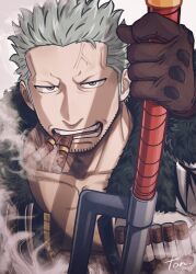 Rule 34 | 1boy, cigar, facial hair, frown, goatee stubble, highres, holding, holding weapon, long sideburns, looking at viewer, male focus, mature male, one piece, short hair, sideburns, smoker (one piece), smoking, solo, sparse stubble, stubble, tonta (tonta1231), weapon