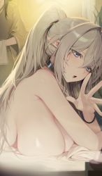 Rule 34 | 2girls, absurdres, black choker, blue eyes, breast rest, breasts, choker, chyan, cleavage, from side, grey hair, hair between eyes, hair intakes, highres, japanese clothes, large breasts, long hair, looking at viewer, multiple girls, open mouth, original, outstretched hand, pointy ears, ponytail, sideboob, sidelocks, silvi (chyan), solo focus, topless, towel, upper body, wristband