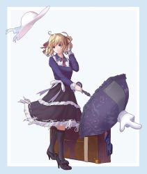 Rule 34 | 1girl, amage kanade, blonde hair, blue eyes, breasts, dress, hair ribbon, hat, high heels, highres, medium hair, ribbon, star ocean, star ocean integrity and faithlessness, suitcase, sun hat, twintails, umbrella, welch vineyard, wind