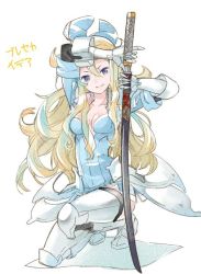 Rule 34 | 1girl, armor, blonde hair, blue eyes, bravely default: flying fairy, bravely default (series), bravely second: end layer, breasts, cleavage, edea lee, gauntlets, katana, pinky out, sheath, shuri (84k), solo, sword, thighhighs, unsheathing, weapon