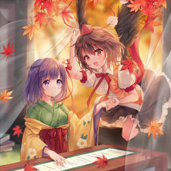 Rule 34 | 2girls, :d, arm up, autumn leaves, black hair, black skirt, blush, book, breasts, commentary request, curtains, floral print, flower, green kimono, hair between eyes, hair flower, hair ornament, hair ribbon, hakama, hakama skirt, hat, hieda no akyuu, japanese clothes, kimono, leaf print, long sleeves, looking at another, medium breasts, miniskirt, multiple girls, neck ribbon, off shoulder, open mouth, petticoat, pf, pom pom (clothes), puffy short sleeves, puffy sleeves, purple eyes, purple hair, red eyes, red hakama, red ribbon, ribbon, shameimaru aya, shirt, short hair, short sleeves, skirt, smile, table, tokin hat, touhou, upper body, white flower, white shirt, wide sleeves, yellow kimono