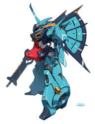 Rule 34 | dijeh, esuthio, from side, glowing, glowing eye, gun, gundam, highres, holding, holding gun, holding weapon, horns, mecha, mechanical wings, mobile suit, no humans, one-eyed, open hand, profile, red eyes, redesign, robot, science fiction, single horn, solo, weapon, white background, wings, zeta gundam