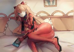 Rule 34 | 1girl, absurdres, artist request, ass, ass focus, bare shoulders, bed, bedroom, blue eyes, bodysuit, breasts, brown hair, highres, huge ass, long hair, looking at viewer, lying, neon genesis evangelion, nintendo, nintendo switch, nintendo switch pro controller, on bed, pillow, plugsuit, red bodysuit, shiny clothes, simple background, smile, solo, souryuu asuka langley, two side up, very long hair, video game, wide hips