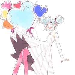 Rule 34 | 1girl, arms at sides, balloon, bare arms, blue eyes, blue hair, blush stickers, dot nose, double bun, dress, feet out of frame, hair bun, happy, hatsune miku, heart balloon, high collar, knees together feet apart, light blue hair, long dress, looking at viewer, michiko (nohohon-ya), number tattoo, open mouth, pale color, pantyhose, parted bangs, pink ribbon, pleated dress, red pantyhose, ribbon, round teeth, shoulder tattoo, sideways glance, simple background, sleeveless, sleeveless dress, solo, striped clothes, striped dress, swept bangs, tareme, tattoo, teeth, upper teeth only, vocaloid, white background, white dress