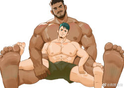 Rule 34 | 2boys, abs, bara, beard, brown hair, clothed male nude male, couple, dark-skinned male, dark skin, facial hair, feet, full body, goatee, green shorts, head tilt, interracial, large pectorals, long sideburns, male focus, multiple boys, muscular, muscular male, mustache, nipples, nude, on person, original, pectorals, rouyuan shiqi (ro seventeen), short hair, shorts, sideburns, sitting, size difference, smirk, soles, stomach, thick eyebrows, topless male, yaoi