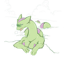 Rule 34 | absurdres, cloud, colored skin, green skin, highres, reptile, tongue, water