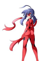 Rule 34 | 1girl, ass, blue eyes, blue hair, bodysuit, breasts, domino mask, floating hair, highres, impossible bodysuit, impossible clothes, ladybug (character), long hair, looking back, low twintails, lucyfer, marinette dupain-cheng, mask, medium breasts, miraculous ladybug, polka dot, red bodysuit, shiny clothes, smile, solo, twintails