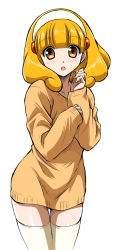 Rule 34 | 10s, 1girl, :o, blonde hair, blush, hairband, kise yayoi, looking at viewer, naked sweater, open mouth, precure, short hair, simple background, smile precure!, solo, sweater, thighhighs, wauwa, white background, white hairband, yellow eyes, yellow thighhighs