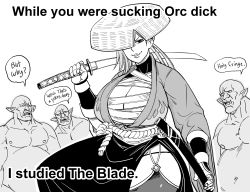 Rule 34 | 1girl, 3boys, absurdres, alternate costume, bb (baalbuddy), breasts, clothed female nude male, dual wielding, english text, greyscale, highres, holding, holding sword, holding weapon, huge breasts, i studied the blade (meme), japanese clothes, kamimura maika, looking at another, looking at viewer, meme, monochrome, multiple boys, nipples, nude, official alternate costume, orc, pointy ears, samurai, sarashi, simple background, speech bubble, sword, taimanin (series), taimanin asagi, taimanin rpgx, thong, weapon, white background