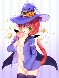 Rule 34 | 1girl, animal ears, bra, breasts, cat ears, cat tail, green eyes, halloween, hat, highres, no bra, no panties, nyashkin, open mouth, orange hair, rezosempai, small breasts, sparkle, tail, underwear, wings, witch hat