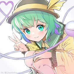 Rule 34 | 1girl, black hat, blush, closed mouth, feet out of frame, flat chest, frilled shirt collar, frilled sleeves, frills, green eyes, green hair, hand up, hat, hat ribbon, heart, heart of string, highres, komeiji koishi, long sleeves, looking at viewer, revision, ribbon, shiroi karasu, shirt, simple background, smile, solo, squatting, third eye, touhou, v, white background, yellow ribbon, yellow shirt