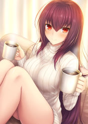 Rule 34 | 1girl, bare legs, blush, breasts, cup, fate/grand order, fate (series), highres, large breasts, long hair, looking at viewer, mug, purple hair, red eyes, scathach (fate), sitting, smile, sweater, taiki ken, turtleneck, turtleneck sweater