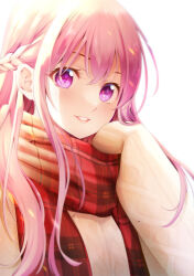 Rule 34 | 1girl, highres, long hair, looking at viewer, makuzawa ouka, megami no kafeterasu, parted lips, pink eyes, pink hair, plaid, plaid scarf, red scarf, scarf, seo kouji, solo, sweater, upper body, white sweater