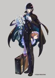 1boy 1girl :o black_footwear black_hair black_jack_(character) black_jack_(series) black_suit blue_ribbon bouquet brown_hair company_name dress expressionless flower formal full_body gloves grey_background head_wreath highres holding holding_bouquet lily_(flower) looking_at_viewer male_focus mary_janes multicolored_hair neck_ribbon nuri_kazuya official_art parted_lips patchwork_skin pink_footwear pinoko red_eyes ribbon second-party_source shoes short_hair simple_background suit suitcase two-tone_hair watermark white_dress white_gloves white_hair