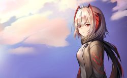 Rule 34 | 1girl, ahoge, arknights, blue sky, breasts, commentary, demon girl, demon horns, expressionless, highres, horns, jacket, medium breasts, medium hair, moleshi, outdoors, red eyes, scarf, silver hair, sky, solo, upper body, w (arknights)