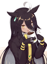 Rule 34 | 1girl, ahoge, animal ears, black gloves, black hair, black jacket, black shirt, coffee, coffee mug, collared shirt, commentary request, cup, earrings, gloves, hair between eyes, highres, holding, holding cup, horse ears, horse girl, jacket, jewelry, long sleeves, manhattan cafe (umamusume), mug, multicolored hair, necktie, open clothes, open jacket, sawara noa, shirt, simple background, single earring, solo, streaked hair, tongue, tongue out, umamusume, upper body, white background, white hair, yellow eyes, yellow necktie
