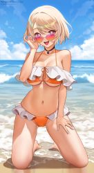 Rule 34 | 1girl, bare shoulders, bikini, blonde hair, blush, breasts, cleavage, collarbone, fingernails, hand on own thigh, highres, large breasts, looking at viewer, nail polish, navel, open mouth, orange bikini, original, pantheon eve, purple eyes, short hair, smile, solo, swimsuit, thighs