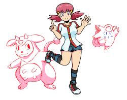 Rule 34 | 1girl, :o, blush stickers, breasts, buttons, clefairy, collarbone, creatures (company), drawfag, full body, game freak, gen 1 pokemon, gen 2 pokemon, gym leader, highres, index finger raised, leg up, looking at viewer, miltank, nintendo, pink eyes, pink hair, pokemon, pokemon (creature), pokemon hgss, shirt, shorts, smile, tail, twintails, white shirt, whitney (pokemon)