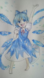 Rule 34 | barefoot, blouse, blue eyes, blue hair, bow, cirno, dress, embodiment of scarlet devil, hair bow, pinafore dress, shirt, short hair, sleeveless dress, solo, touhou, traditional media, white background, white shirt, wings, yutapo