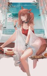Rule 34 | 1girl, angelina (arknights), angelina (summer flower) (arknights), animal ears, arknights, bad id, bad pixiv id, bare legs, bare shoulders, barefoot, blue sky, blush, bottle, bracelet, breasts, brown eyes, brown hair, cake, casual one-piece swimsuit, cleavage, cutting board, day, eating, feet out of frame, food, fork, fox ears, fox girl, fox tail, fruit, hair ribbon, highres, holding, holding fork, horizon, infection monitor (arknights), jewelry, knee up, long hair, looking at viewer, medium breasts, necklace, ocean, official alternate costume, one-piece swimsuit, one eye closed, outdoors, parted lips, plate, red one-piece swimsuit, red ribbon, ribbon, see-through, sky, solo, strawberry, swimsuit, tail, thigh strap, twintails, water, xi-u