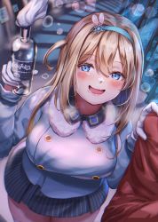 Rule 34 | 1boy, 1girl, blue eyes, blue hairband, blue jacket, girls&#039; frontline, gloves, griffin &amp; kryuger military uniform, hair bun, hair ornament, hairband, highres, holding, holding weapon, jacket, light brown hair, long hair, long sleeves, miniskirt, molotov cocktail, one side up, pleated skirt, sabakuomoto, single side bun, skirt, snowflake hair ornament, solo focus, striped clothes, striped skirt, suomi (girls&#039; frontline), vertical-striped clothes, vertical-striped skirt, weapon, white gloves