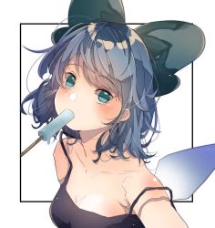 Rule 34 | 1girl, abstract background, aqua eyes, bad id, bad pixiv id, bare shoulders, blue hair, blush, breasts, camisole, cirno, cleavage, food, hair ribbon, highres, looking at viewer, medium breasts, mouth hold, poji east24, popsicle, ribbon, solo, strap slip, touhou, upper body