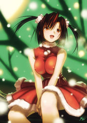 Rule 34 | 1girl, artist name, blush, breasts, christmas, dress, covered erect nipples, female focus, highres, huge breasts, kobayashi yuji, large breasts, legs, ponytail, santa costume, scrunchie, sitting, smile, solo, thighs, twintails