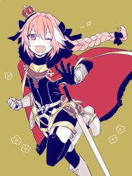 Rule 34 | 1boy, astolfo (fate), bad id, bad twitter id, black thighhighs, blush, braid, cape, crown, fang, fate/apocrypha, fate/grand order, fate (series), hair ribbon, katagiri (mighty swing), long hair, male focus, one eye closed, open mouth, pink hair, ribbon, single braid, smile, solo, sword, thighhighs, weapon