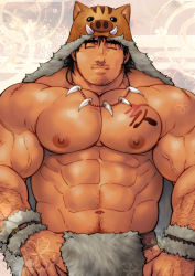 Rule 34 | 1boy, abs, absurdres, animal hood, bara, bare pectorals, black hair, boar hood, body hair, closed eyes, facial hair, highres, hood, jewelry, large pectorals, male focus, manly, muscular, navel, necklace, nipples, original, pectorals, penis, shiny skin, short hair, sideburns, solo, tattoo, terujirou (masateruteru), textless version, tooth necklace, topless male