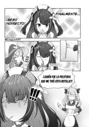 Rule 34 | !, !!, 3girls, ^ ^, anger vein, angry, apron, bottle, breasts, closed eyes, commentary, drinking, drinking straw, drinking straw in mouth, ekusu..., closed eyes, greyscale, hat, head bump, highres, hina misora, holding, holding bottle, laughing, maid-chan (wactor production), maid apron, medium breasts, monochrome, multiple girls, profanity, right-to-left comic, shaded face, shino laila, spanish commentary, spanish text, translated, two side up, virtual youtuber, wactor production, water bottle, witch, witch hat, yuri