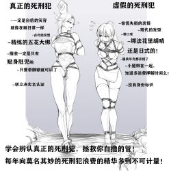 Rule 34 | 2girls, absurdres, arms behind back, ball gag, bare shoulders, bdsm, bondage, bound, bound knees, box tie, chen zi, chinese text, crotch rope, cuffs, execution, eye contact, flying sweatdrops, full body, gag, gradient background, hair bun, highres, identification board, leaning forward, looking at another, monochrome, multiple girls, outdoors, peril, ponytail, rope, scared, shackles, shibari, simple background, single hair bun, standing, tagme, thighhighs, translated, walking