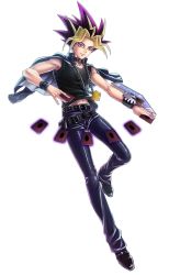 Rule 34 | 1boy, bad id, bad pixiv id, belt, black footwear, black pants, bracelet, capelet, card, chain, duel disk, dyed bangs, full body, highres, jewelry, jsr, male focus, millennium puzzle, multicolored hair, navel, pants, purple eyes, shoes, solo, spiked hair, transparent background, yami yugi, yu-gi-oh!, yu-gi-oh! duel monsters