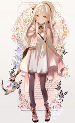 Rule 34 | 1girl, text background, bag, bare shoulders, black pantyhose, boots, bridal legwear, brown eyes, brown footwear, cross-laced footwear, dress, english text, floral background, grey background, hair intakes, high heel boots, high heels, highres, holding, holding staff, lace-up boots, long hair, looking at viewer, original, pantyhose, parted lips, shoulder bag, simple background, solo, staff, standing, toeless footwear, very long hair, vial, white dress, white hair, yuzuyomogi