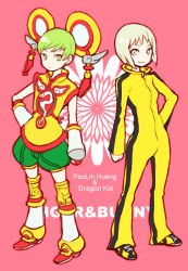 Rule 34 | 10s, 1girl, blonde hair, bruce lee&#039;s jumpsuit, chinese clothes, costume, detached sleeves, dragon kid, dual persona, elbow gloves, frown, gloves, green eyes, green hair, huang baoling, jumpsuit, morisuke, short hair, shorts, smile, thighhighs, tiger &amp; bunny, aged down