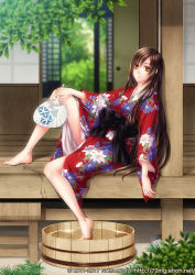 Rule 34 | 1girl, architecture, artist name, barefoot, blurry, brown hair, bucket, depth of field, dripping, east asian architecture, hand fan, floral print, japanese clothes, kimono, knee up, leaning back, long hair, natsumoto, obi, orange eyes, original, paper fan, red kimono, sash, shouji, sitting, sliding doors, soaking feet, solo, thighs, uchiwa, water, watermark, web address, wooden bucket, wooden floor