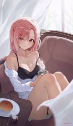 Rule 34 | 1girl, bare legs, bare shoulders, black panties, black tank top, blush, bottle, breasts, character request, cleavage, closed mouth, coffee, coffee mug, collarbone, couch, cup, drink, food, highres, holding, holding cup, holding drink, indie virtual youtuber, indoors, knees up, koharu nako, large breasts, long hair, long sleeves, looking at viewer, mole, mole on breast, mug, off shoulder, on couch, panties, pink hair, plate, red eyes, shirt, sitting, smile, solo, sooon, spoon, strap slip, swept bangs, table, tank top, twitter username, unbuttoned, unbuttoned shirt, underwear, virtual youtuber, white curtains, white shirt