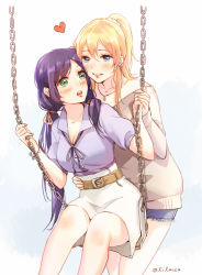 Rule 34 | 10s, 2girls, :o, ayase eli, bad id, bad pixiv id, belt, blonde hair, blue eyes, blush, breasts, cleavage, collared shirt, denim, denim shorts, green eyes, hair ribbon, hand on another&#039;s hip, heart, jewelry, lilaccu, long hair, long sleeves, love live!, love live! school idol festival, love live! school idol project, multiple girls, neck ribbon, necklace, ponytail, purple hair, purple shirt, ribbon, scrunchie, shirt, short sleeves, shorts, sitting, skirt, smile, standing, sweater, swing, tojo nozomi, twintails, twitter username, white skirt, yuri