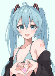 Rule 34 | 1girl, :d, ahoge, bare shoulders, bikini, blue background, blue bikini, blue eyes, blue hair, blue nails, blush, collarbone, flat chest, hatsune miku, heart, heart hands, highres, long hair, long sleeves, maud0239, nail polish, number tattoo, off shoulder, open clothes, open mouth, shoulder tattoo, simple background, smile, solo, swimsuit, tattoo, twintails, vocaloid