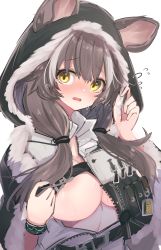 Rule 34 | 1girl, absurdres, areola slip, arknights, black capelet, blush, breasts, brown eyes, brown hair, capelet, ears through headwear, fur-trimmed capelet, fur trim, highres, honeyberry (arknights), hood, hood up, hooded capelet, kurarome, large breasts, long hair, looking at viewer, open mouth, smile, solo, tears, upper body, white background