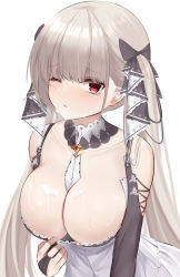 Rule 34 | 1girl, azur lane, between breasts, blush, breasts, cleavage, closed mouth, commentary request, eternity (pixiv8012826), formidable (azur lane), hair ribbon, highres, large breasts, looking at viewer, one eye closed, red eyes, ribbon, silver hair, simple background, solo, suggestive fluid, tears, twintails, two-tone ribbon, white background