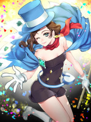 Rule 34 | 1girl, ;), absurdres, ace attorney, apollo justice: ace attorney, bare shoulders, blue cape, blue eyes, blue hat, breasts, brown hair, cape, cleavage, confetti, earrings, gloves, gradient background, hat, highres, jewelry, magician, one eye closed, red scarf, scarf, shiga, short hair, simple background, small breasts, smile, solo, top hat, trucy wright, wand, white footwear, white gloves