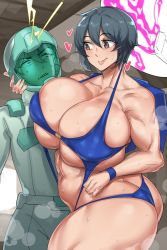 Rule 34 | 1boy, 1girl, arms around neck, blue hair, breasts, cleavage, highres, huge breasts, mature female, mother and son, muscular, muscular female, natedecock, natsumi (natedecock), short hair, sweat, swimsuit