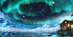 Rule 34 | aurora, bad id, bad pixiv id, bare tree, branch, chimney, cloud, commentary request, crescent moon, grass, highres, house, lake, lamp, light particles, meteor shower, moon, mountain, mountainous horizon, nebula, night, night sky, no humans, original, outdoors, reflection, road, scenery, sennotane, shooting star, shore, sky, snow, star (sky), starry sky, tree, water